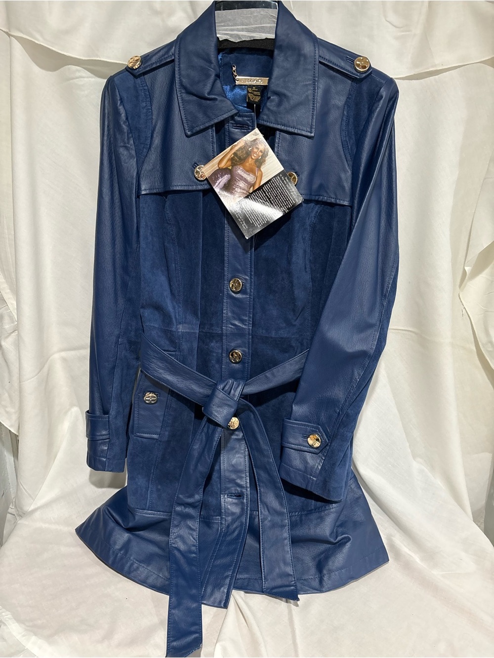 IMAN Navy Blue Belted Trench Coat with Gold Buttons
